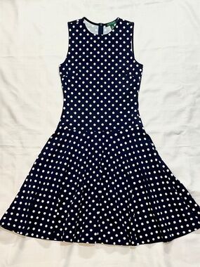 Lauren Ralph Lauren Small Navy Blue and White Polka Dot Dress
